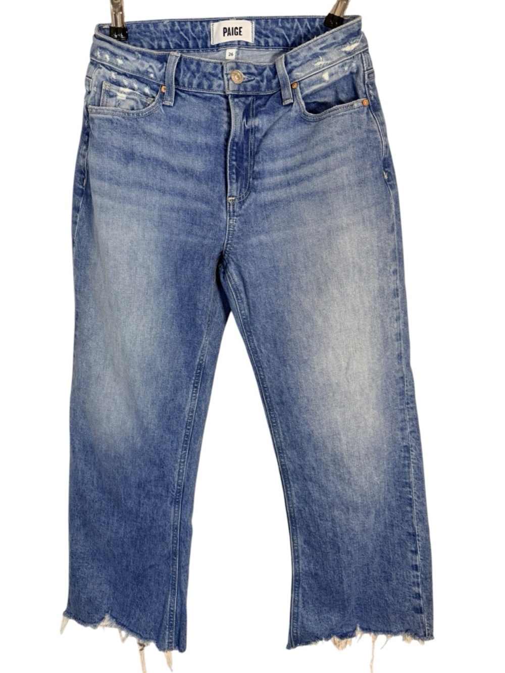 PAIGE Cropped Wide Leg Jeans Raw Hem Distressed Medium Wash Size 26 - Picture 2 of 9